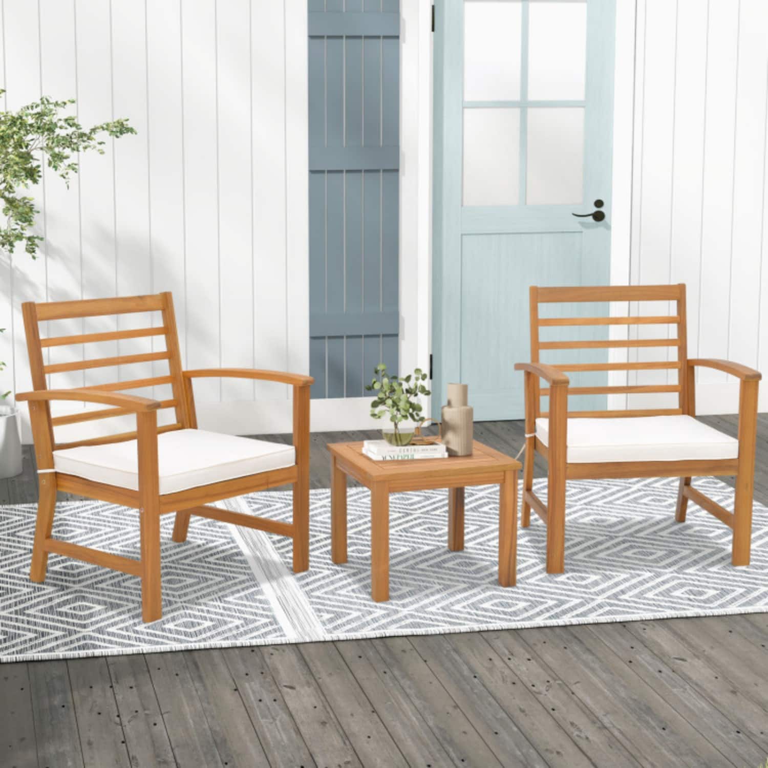 Mondawe - 23.5 x 24 x 31.5 IN Freestanding Patio Bistro Set with Cushions 2 Chairs and Table 3-Piece - Natural+White