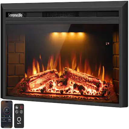 Front. SereneLife - SereneLife Electric Fireplace Heater with LED Flame & Log Effects, Smart Wi-Fi, Touch Screen Panel, Remote Control.