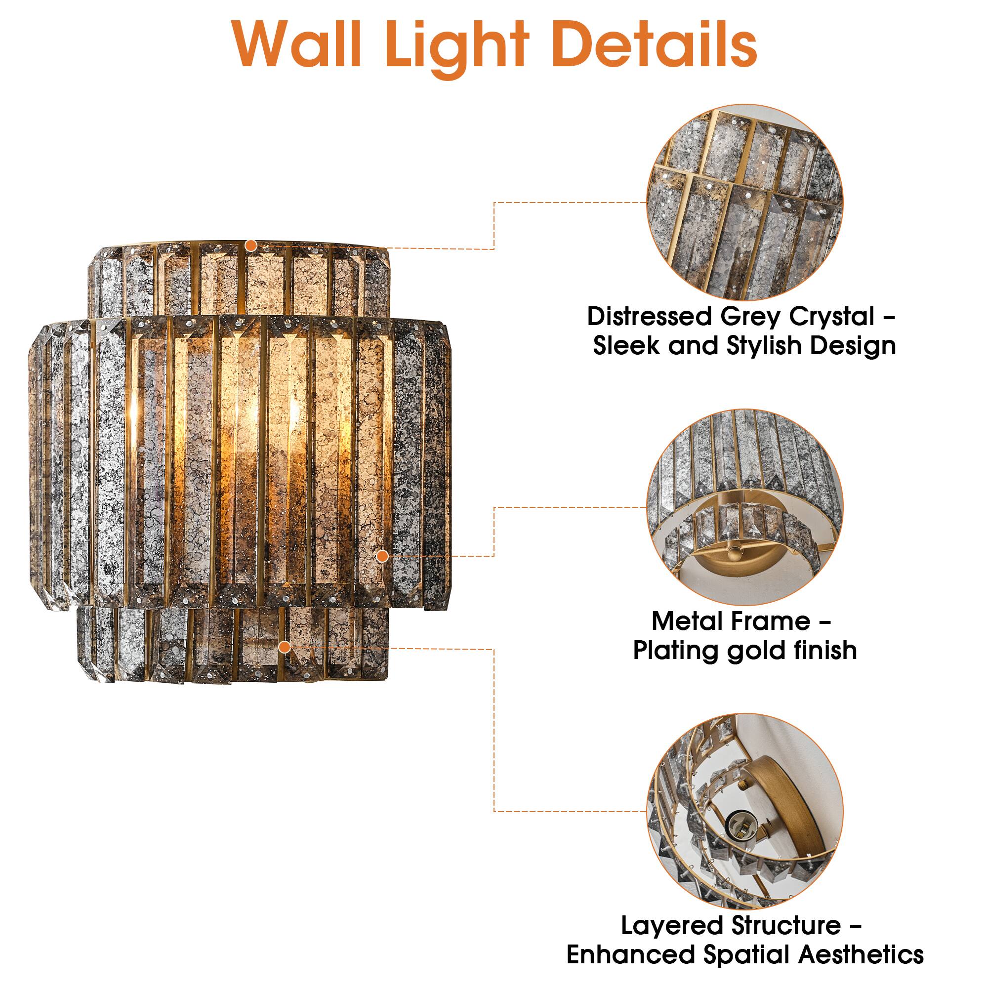 Wall Light Details  
- Distressed Grey Crystal - Sleek and Stylish Design  
- Metal Frame - Plating gold finish  
- Layered Structure - Enhanced Spatial Aesthetics