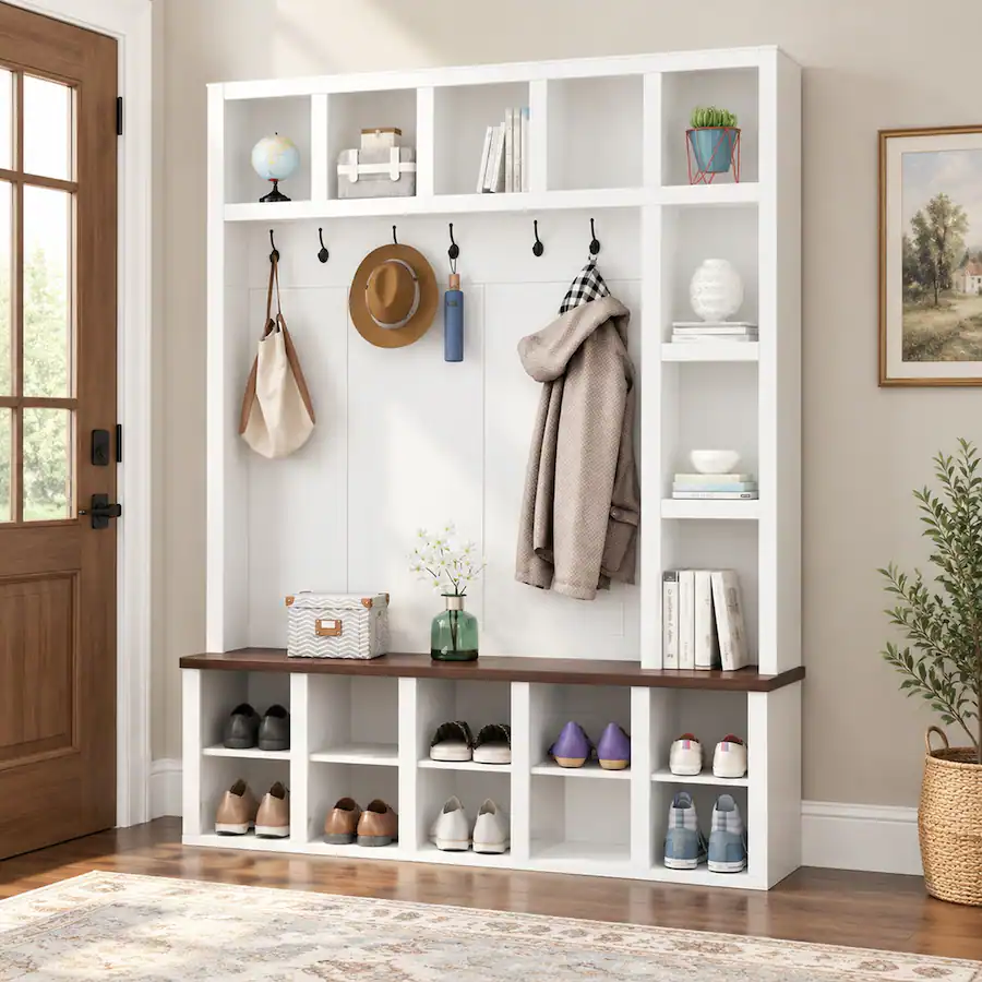 White Entry Bench RYHNUYNE Farmhouse Hall Tree, 4 in 1 Entryway Shoe Cabinet, Walnut ...