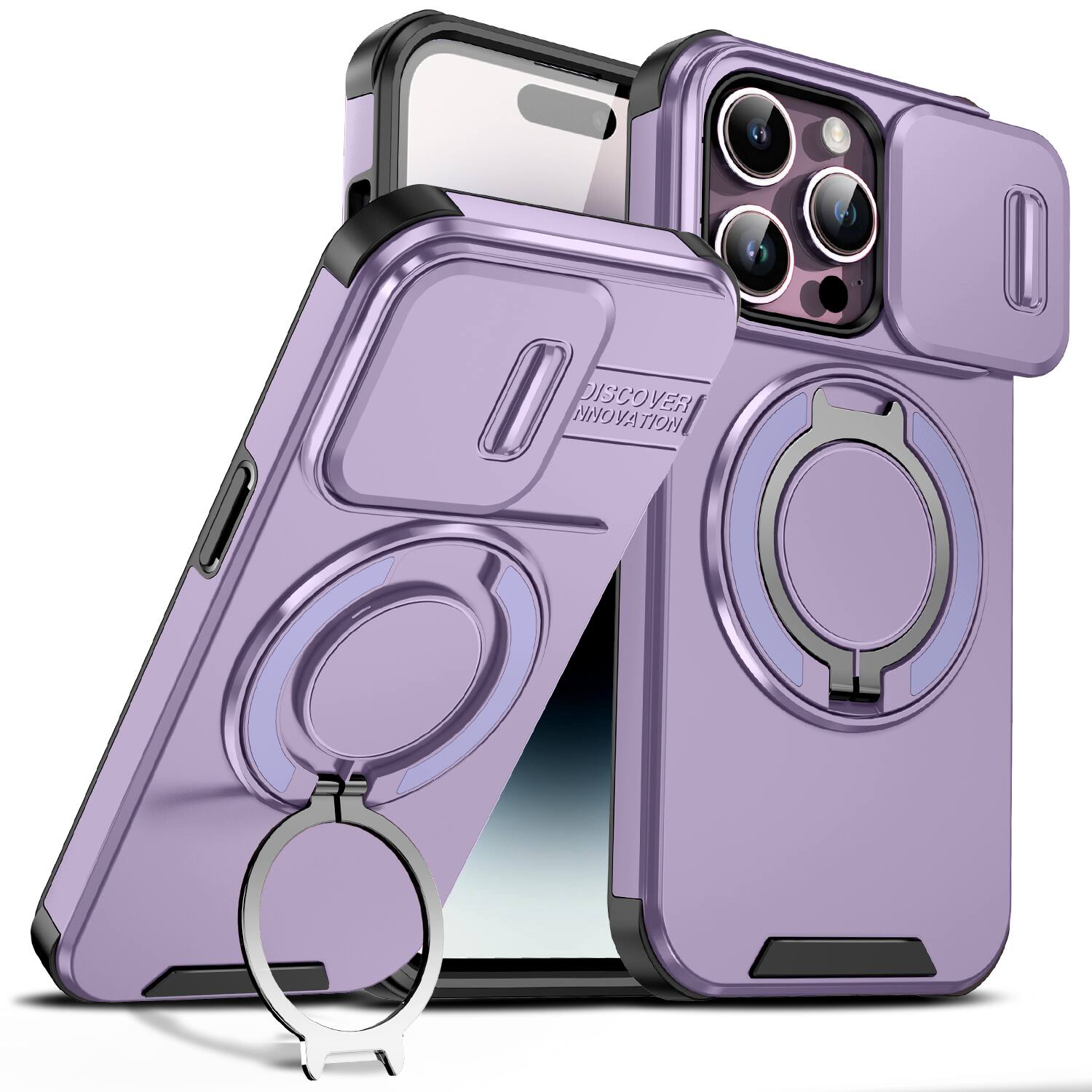 UUCOVER - For Apple iPhone 14 Pro Magnetic Kickstand Case with Slide Camera Lens Cover & 360° Ring - Drop Protection Phone Shell - Purple