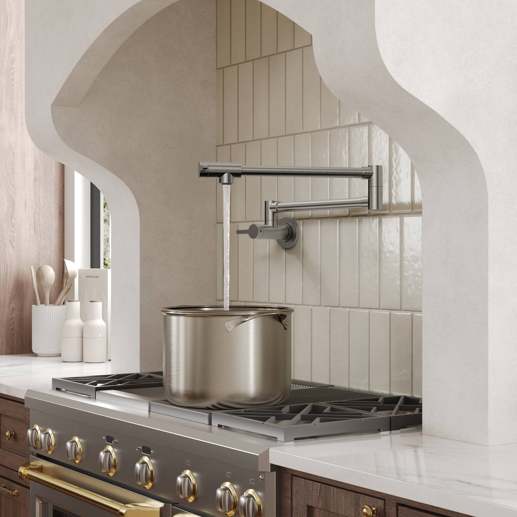 Alt View 7. GRANDJOY - Wall Mount Pot Filler Faucet, Dual Swing Joints Foldable Spout, Solid Brass for Kitchen Stove - Brushed Nickel.