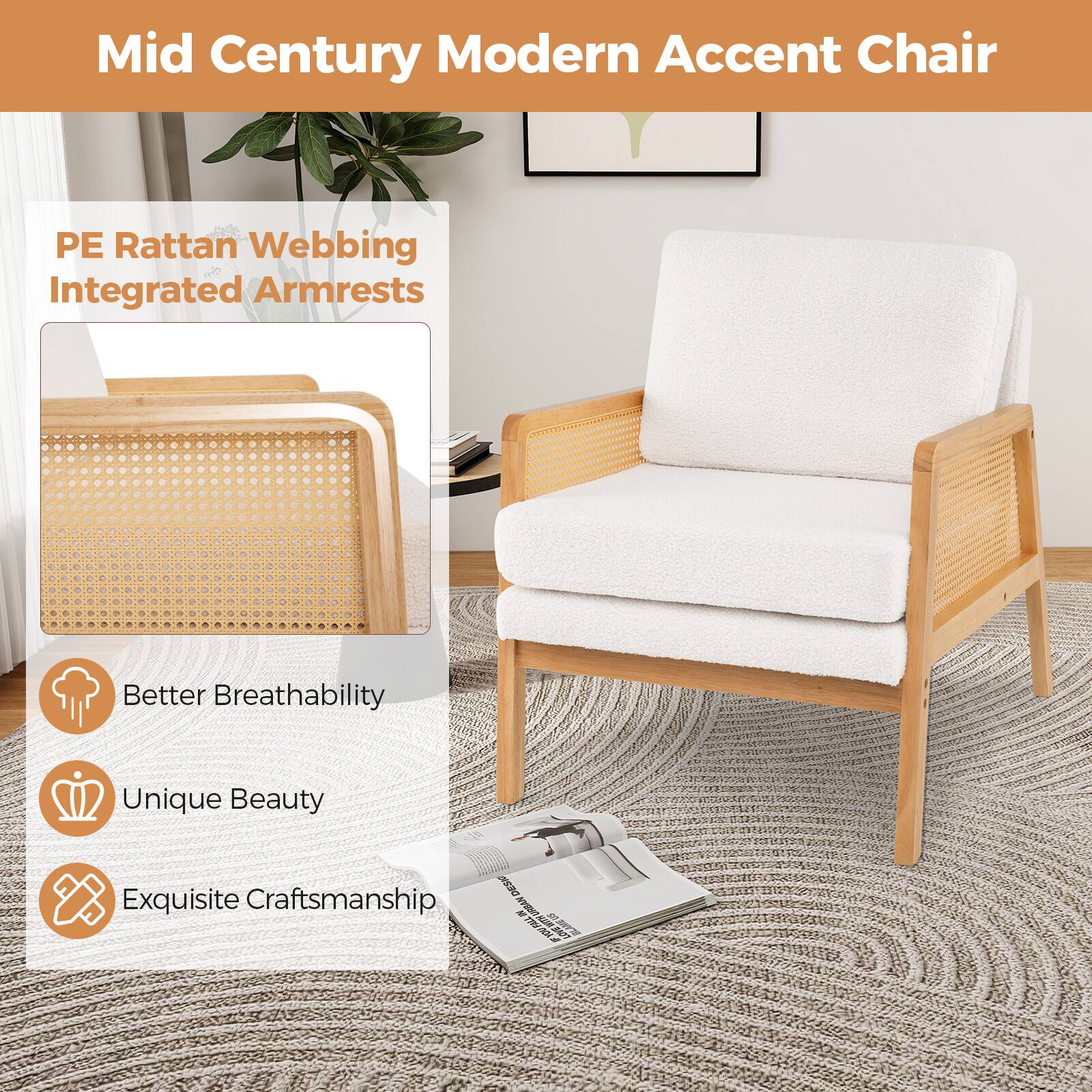 The text on the image is grouped and corrected as follows:

"Mid Century Modern Accent Chair PE Rattan Webbing Integrated Armrests Better Breathability Unique Beauty Exquisite Craftsmanship."