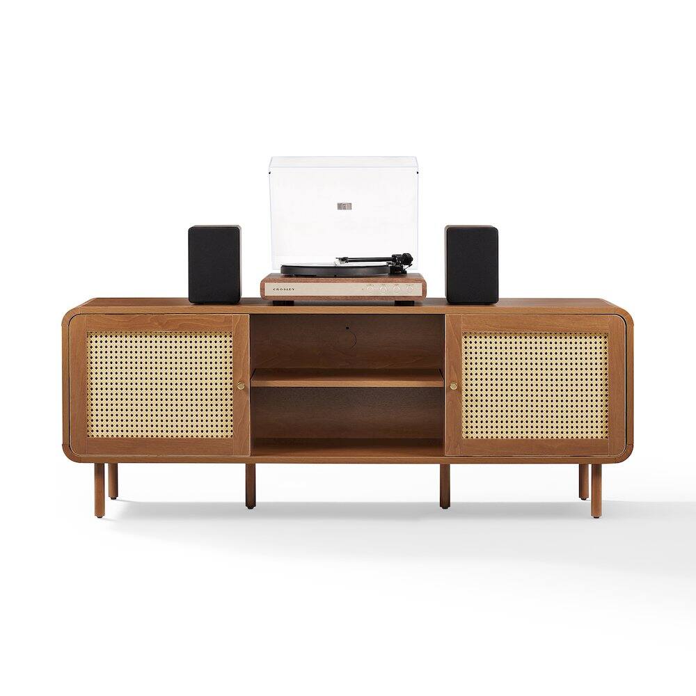 Alt View 2. Crosley Furniture - Nora Modern Record Player Cabinet With Vinyl Storage, Rattan Turntable Stand - Gray.