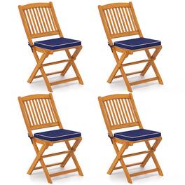 Costway - Outdoor Folding Chairs Set of 4 Acacia Wood High-Back Chair with Seat Cushions - Navy