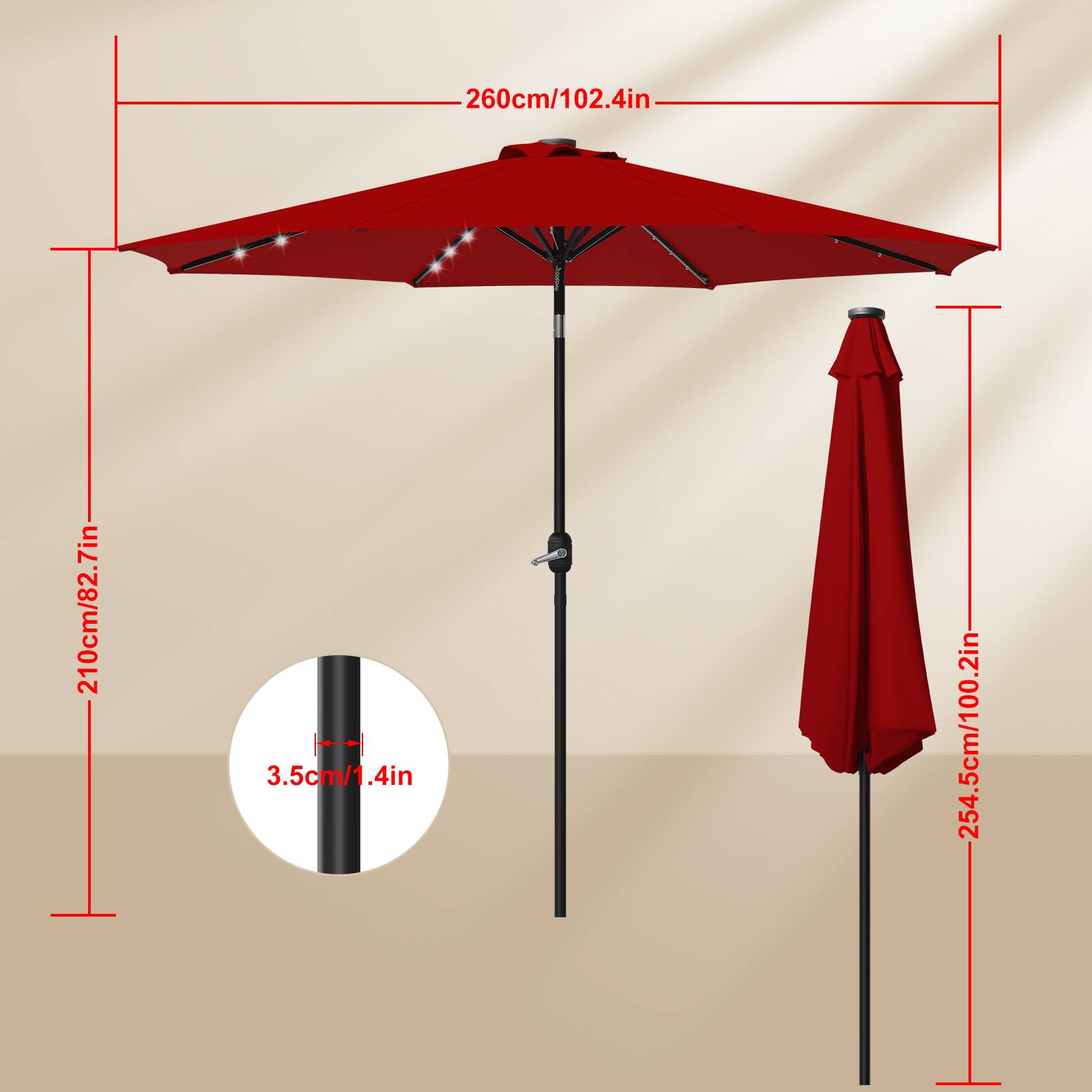 260cm/102.4in  
210cm/82.7in  
3.5cm/1.4in  
254.5cm/100.2in