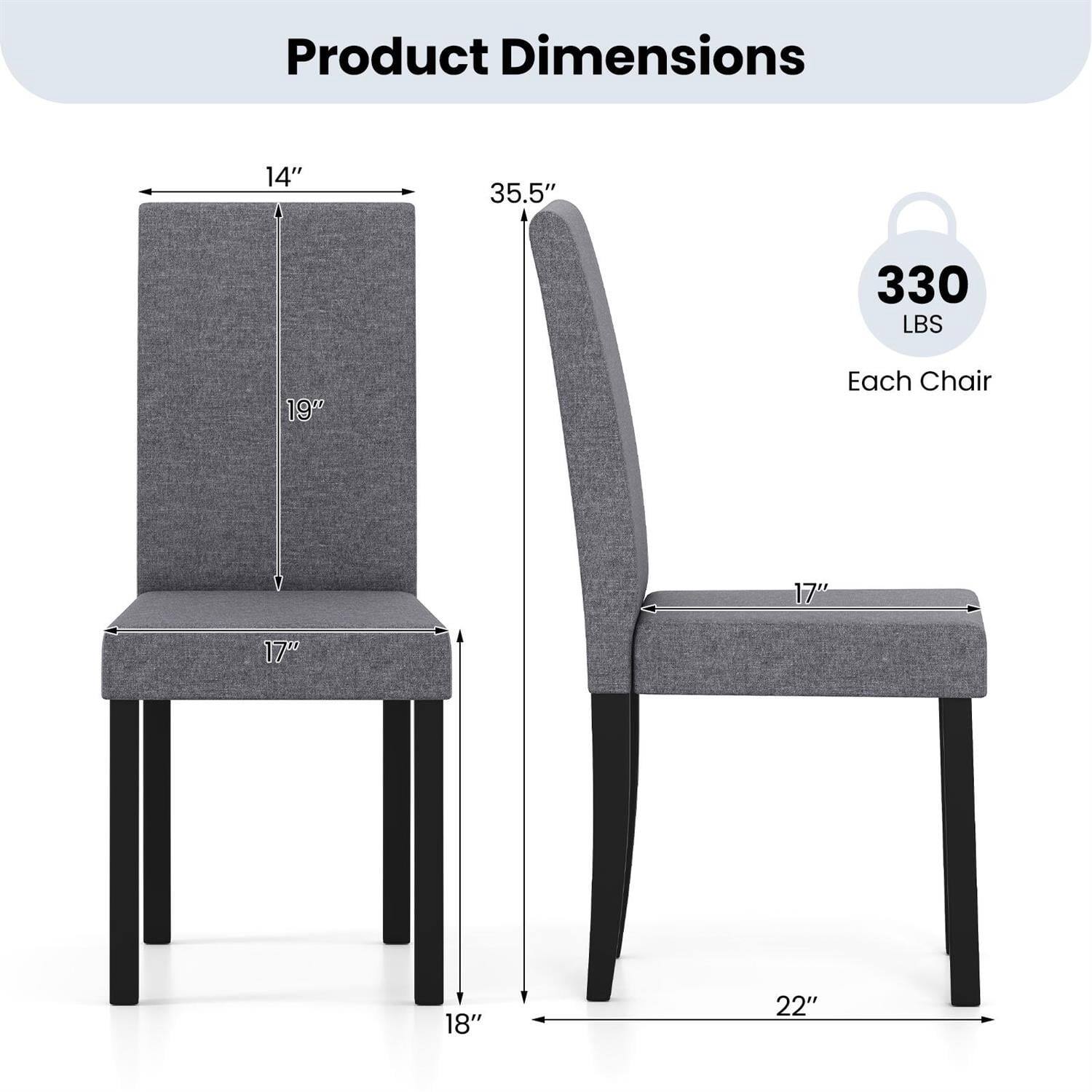 Product Dimensions:  
14" x 35.5" x 330 LBS  
Each Chair: 19" x 17" x 18" x 22"