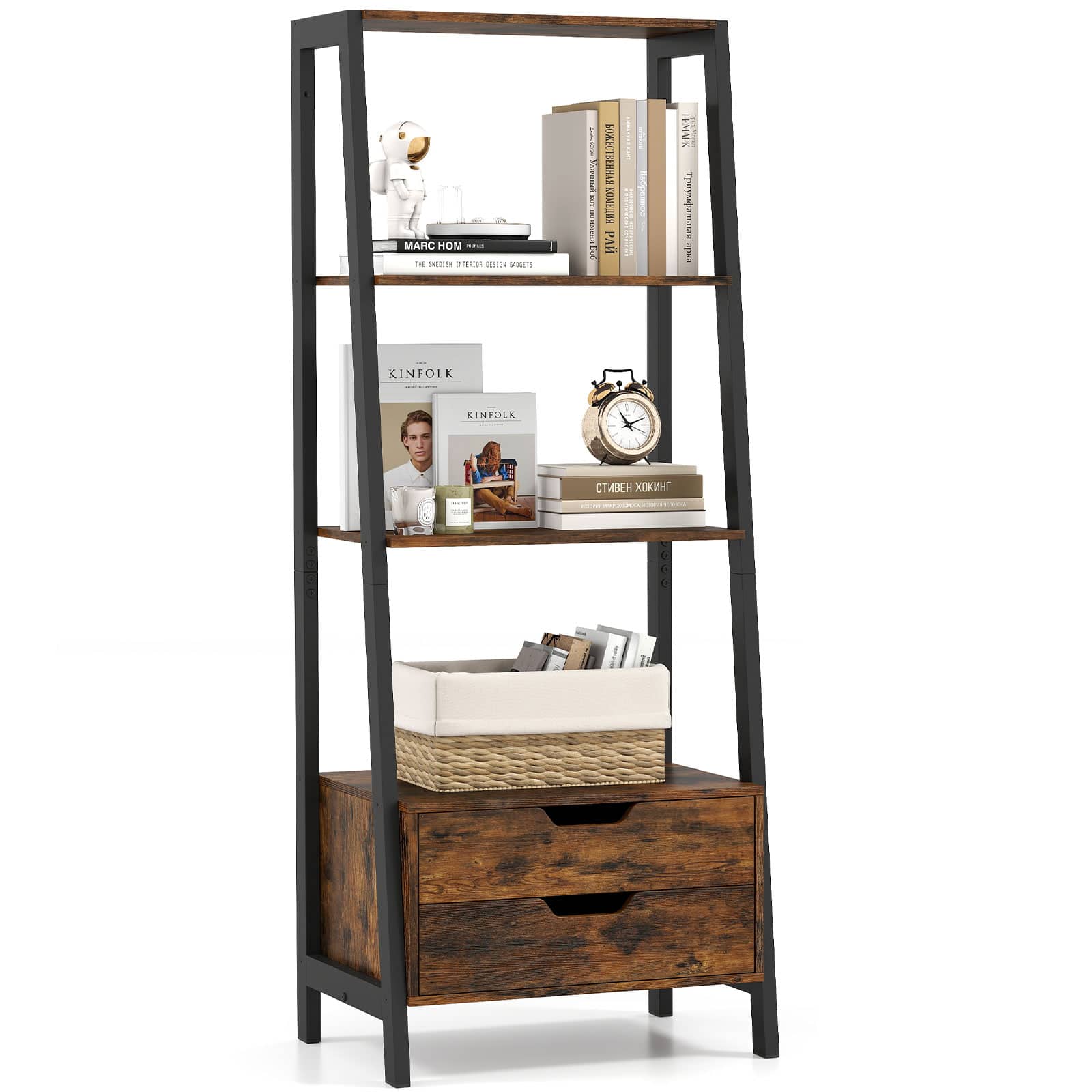 Gymax - 4-tier Bookshelf w/ 2 Storage Drawers Sturdy Metal Frame Anti-toppling Devices Brown - Rustic Brown, Black