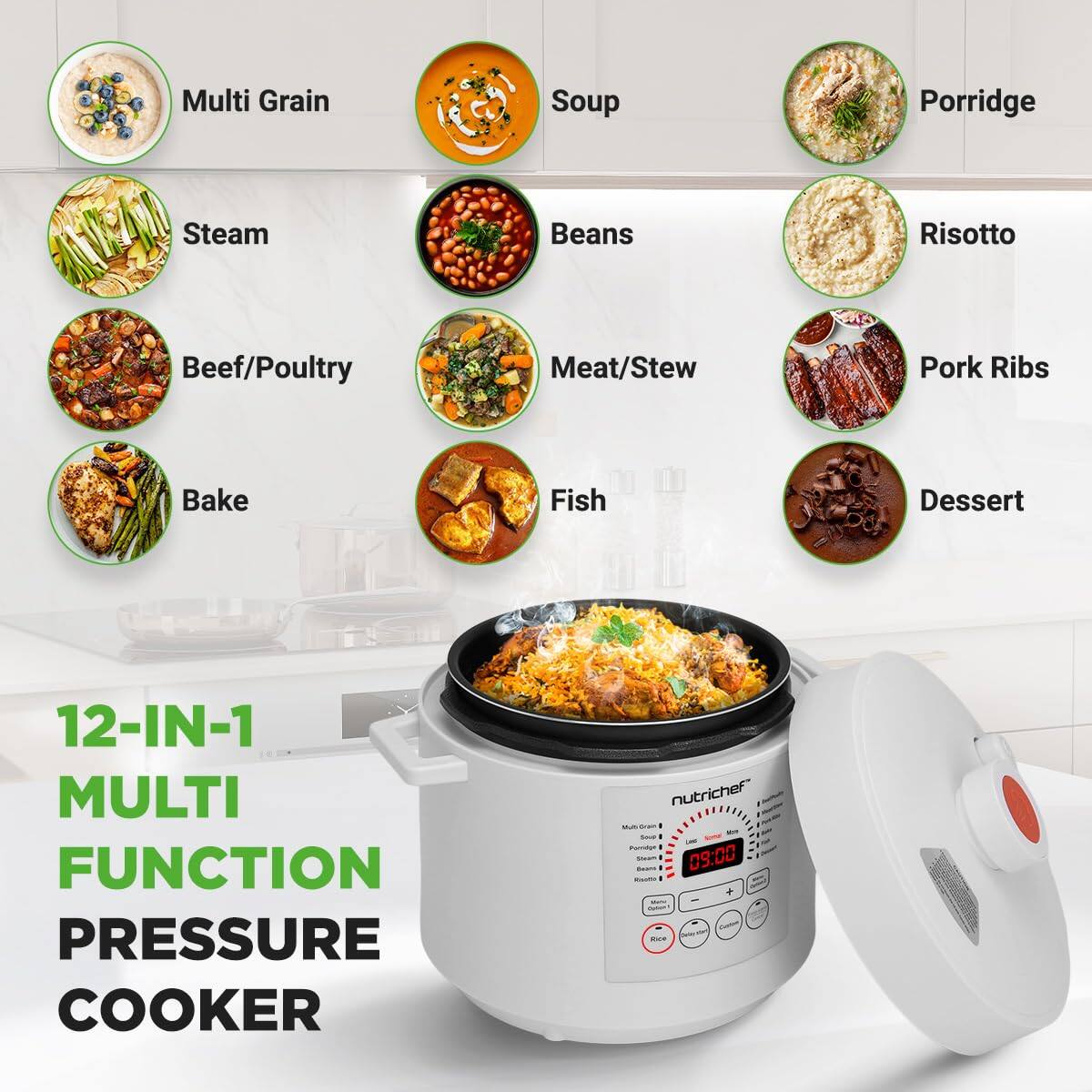 Multi Grain Soup Porridge Steam Beans Risotto Beef/Poultry Meat/Stew Pork Ribs Bake Fish Dessert 12-IN-1 MULTI FUNCTION PRESSURE COOKER nutrichef
