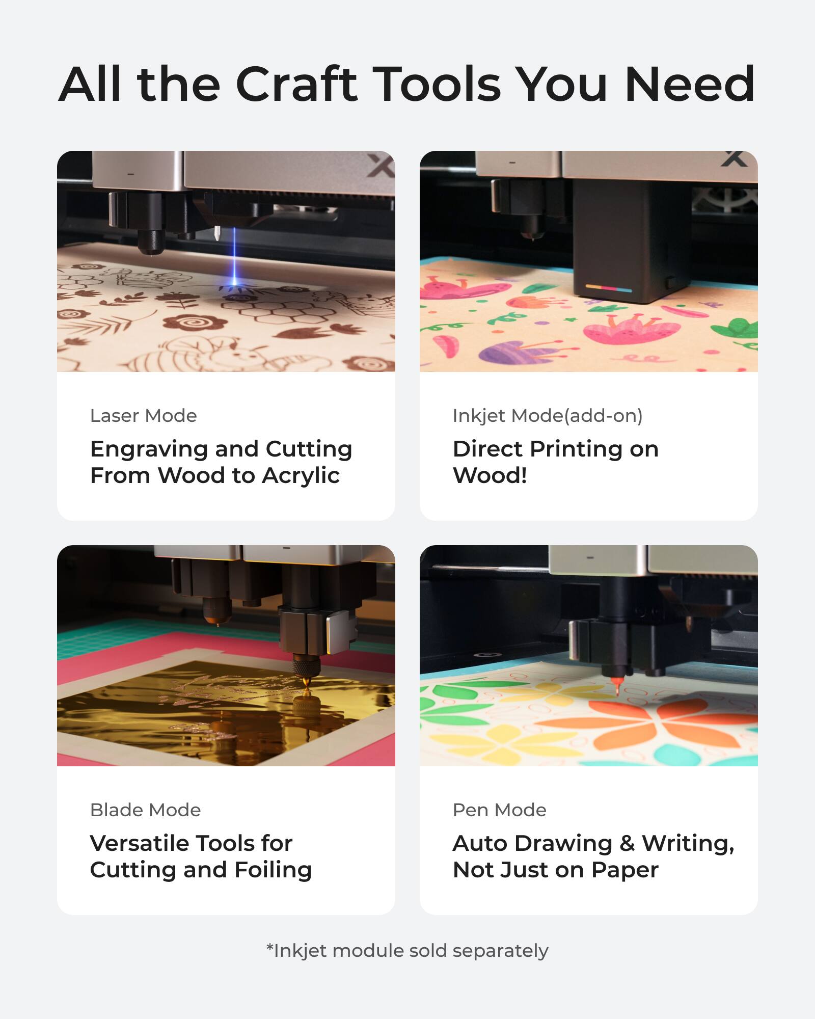 All the Craft Tools You Need

Laser Mode  
Engraving and Cutting  
From Wood to Acrylic

Inkjet Mode (add-on)  
Direct Printing on Wood!

Blade Mode  
Versatile Tools for Cutting and Foiling

Pen Mode  
Auto Drawing & Writing,  
Not Just on Paper

*Inkjet module sold separately