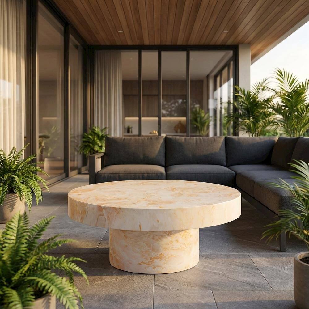 Angle. Outdoor Escape - Round Concrete Outdoor Coffee Table With Weather-Resistant Design - Yellow.