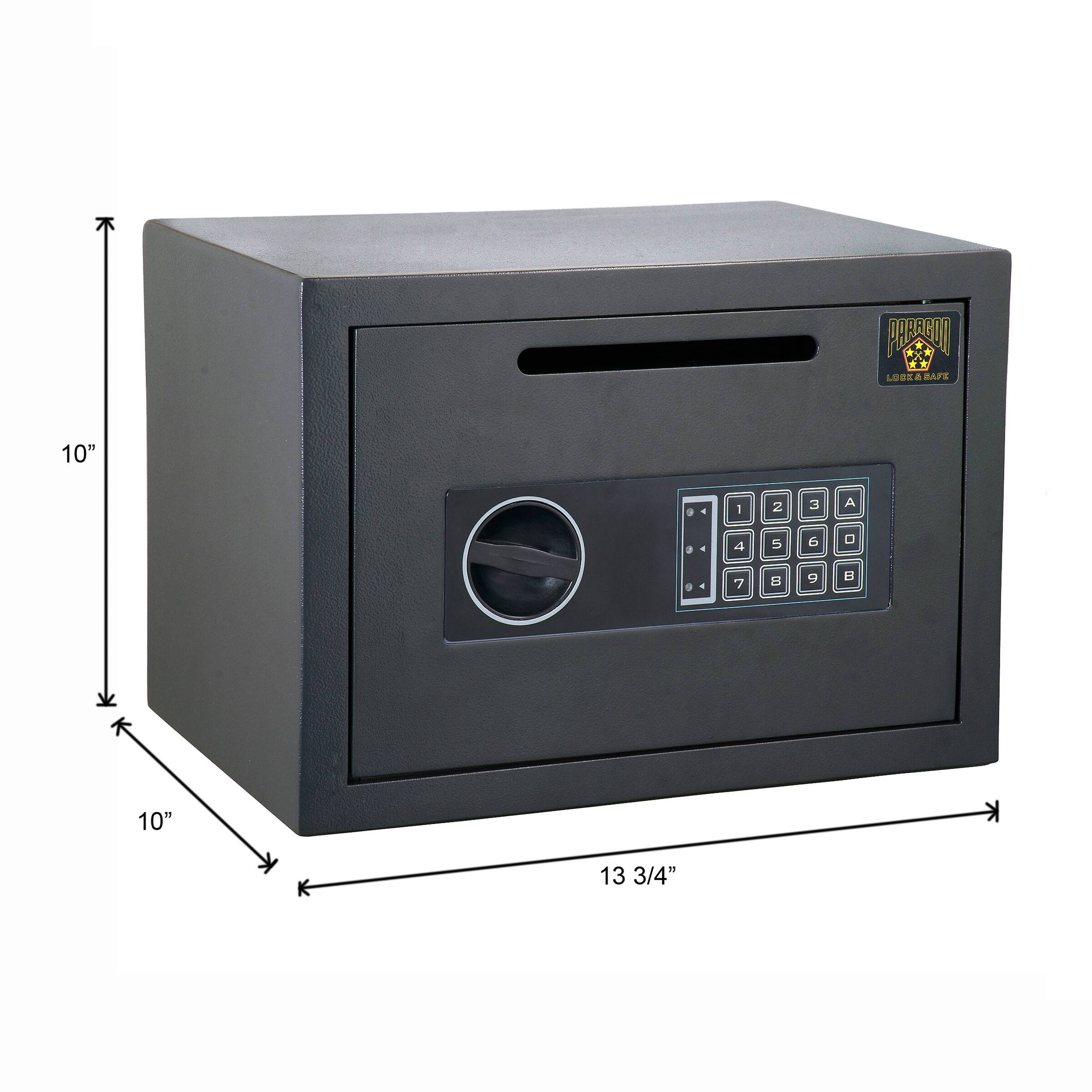 The dimensions of the safe are:

- Height: 10 inches
- Width: 10 inches
- Depth: 13 3/4 inches