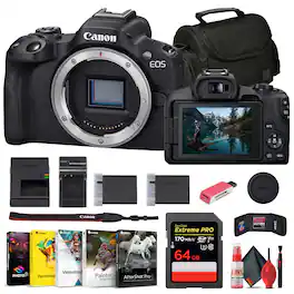 Canon - EOS R50 Mirrorless Camera + 64GB Card + Bag + Charger + Battery + More (International Version) - Black
