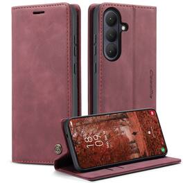 Dteck - Leather Wallet Case for Samsung Galaxy S26 FE Card Slots Flip Kickstand Magnetic Closure Full Body Shockproof Cover - Winered