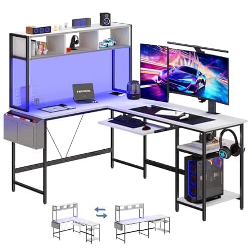 Anysun - 67" L-Shape Gaming Desk with LED Lights-Corner Computer Table with Keyboard Tray, Side Bag & Storage Shelf, Metal Frame - White