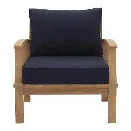 Front. Outdoor Escape - Teak Outdoor Patio Armchair with Cushioned Seat and Classic Design - Blue.