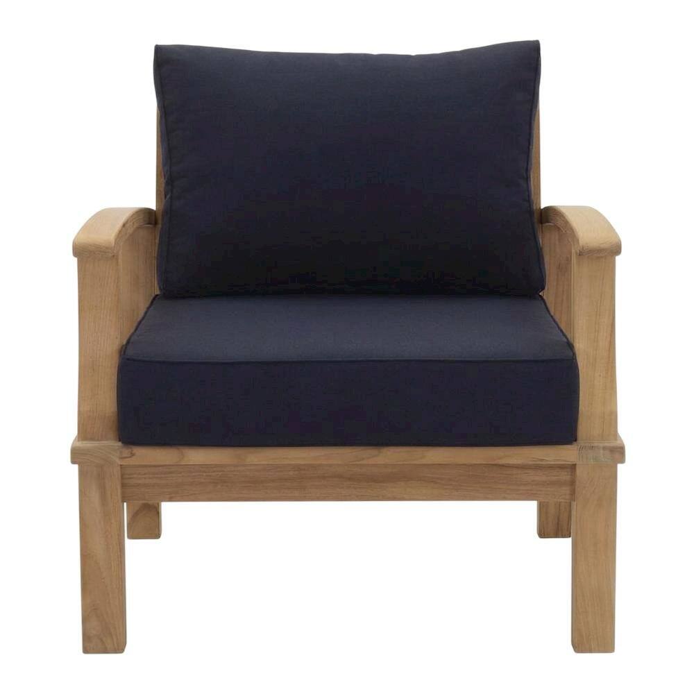 Front. Outdoor Escape - Teak Outdoor Patio Armchair with Cushioned Seat and Classic Design - Blue.