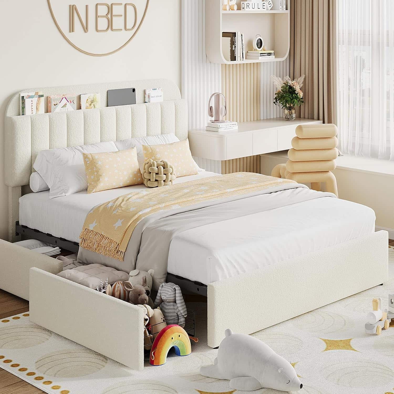 Acekool - Easy Assembly Full Size Bed Frame Space Saving, for Living Room, Guest Room - Off-white