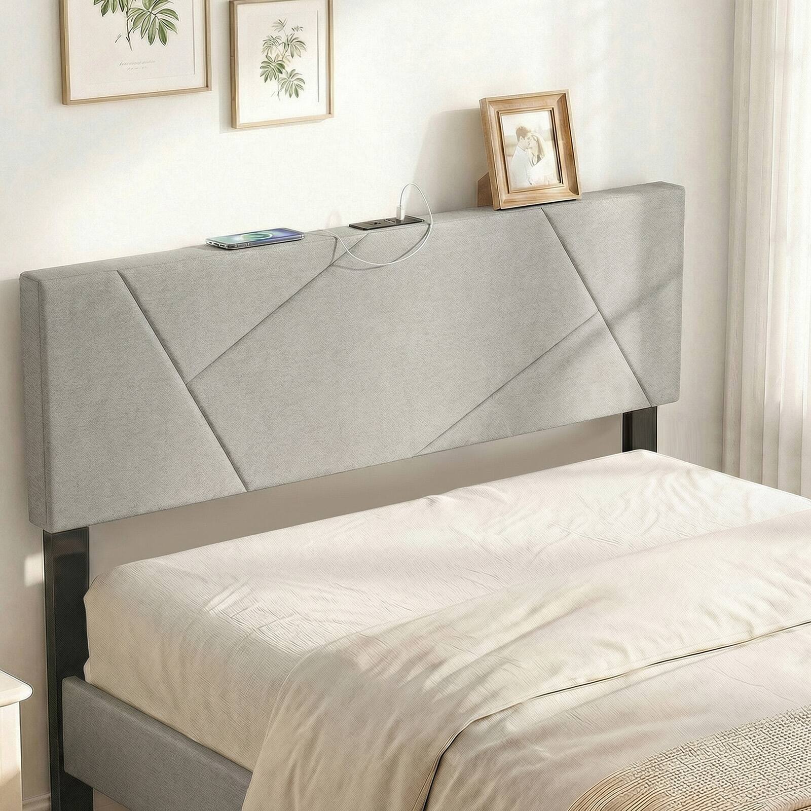 Alt View 4. Costway - Costway Headboard for Queen&Full Size Bed,Geometric Upholstered Head Board with 2AC Outlets - Gray.