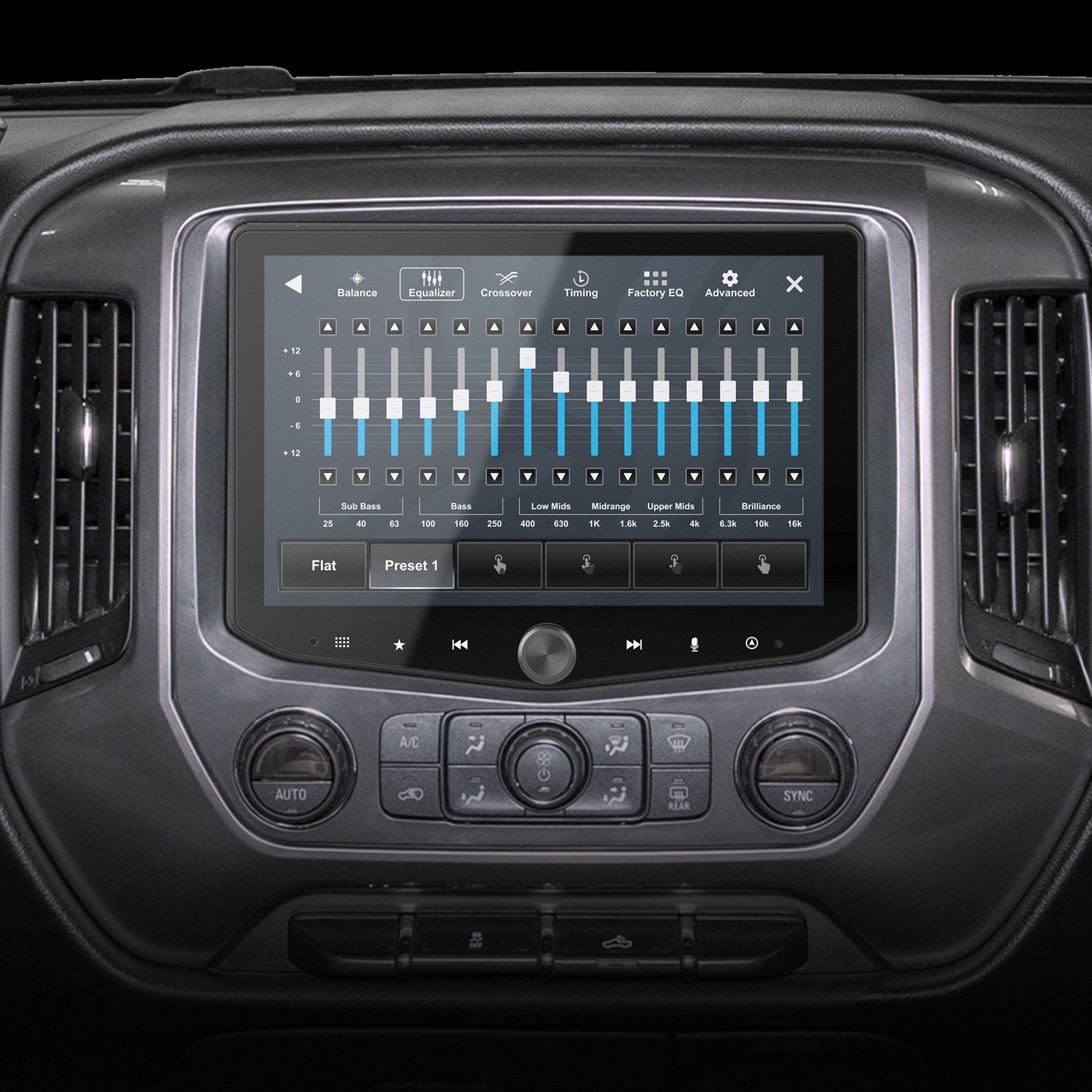 The text on the image is a list of presets for a car audio system. The presets include "Balance Equalizer," "Crossover Timing," "Factory DI," "Advanced," "Bass," "Mids," "Upper Mids," "Law," "Britlance," "6.3k," "10th," "Flat," "1 Hz," and "A/C Auto Rear Sync." These presets are likely used to adjust the sound settings in the car's audio system to suit different types of music or listening preferences.