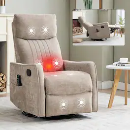 Kadyn - Heat Massage Recliner Chair, 8 Vibration Modes & Lumbar Heat, Rocker Swivel, Manual Control, khaki - Brown