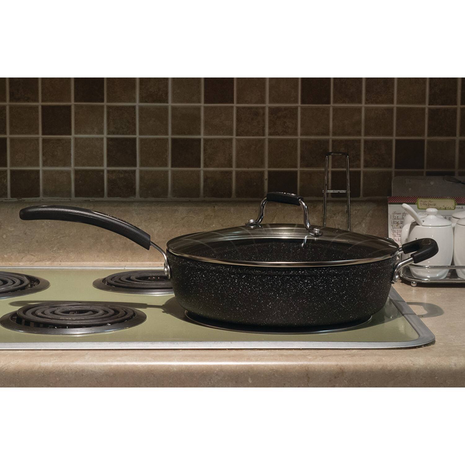 Left. THE ROCK by Starfrit - 11" Deep-Fry Pan with Lid, Bakelite Handles - Gray.