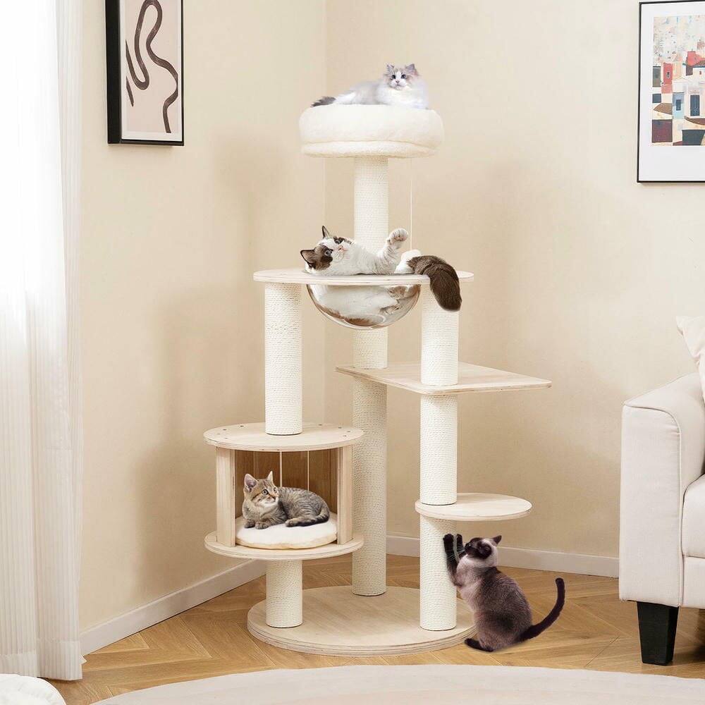 Alt View 4. Kadyn - 52-Inch Tall Wooden Multi-Level Cat Climbing Stand with Washable Cushions - Brown.