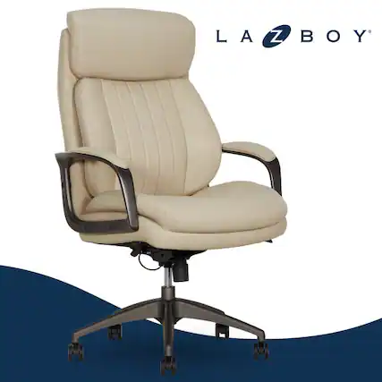 Front. La-Z-Boy - Ergonomic Big and Tall Office Chair with Lumbar Support & Padded Arms Leather Adjustable Reclining Computer Chair - Cream.