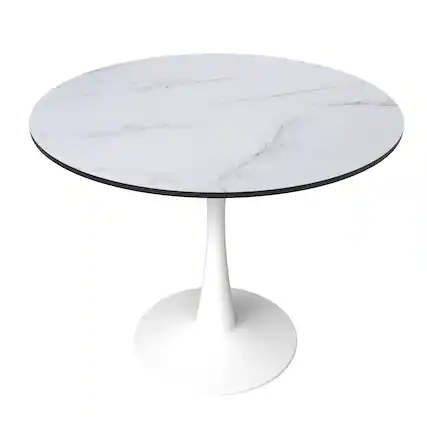 Front. LeisureMod - Bristol 31" Mid-Century Round Kitchen Table - Heavy-Duty Pedestal Base, Scratch-Resistant Stone or Wood Top - MDF - Marbled White.