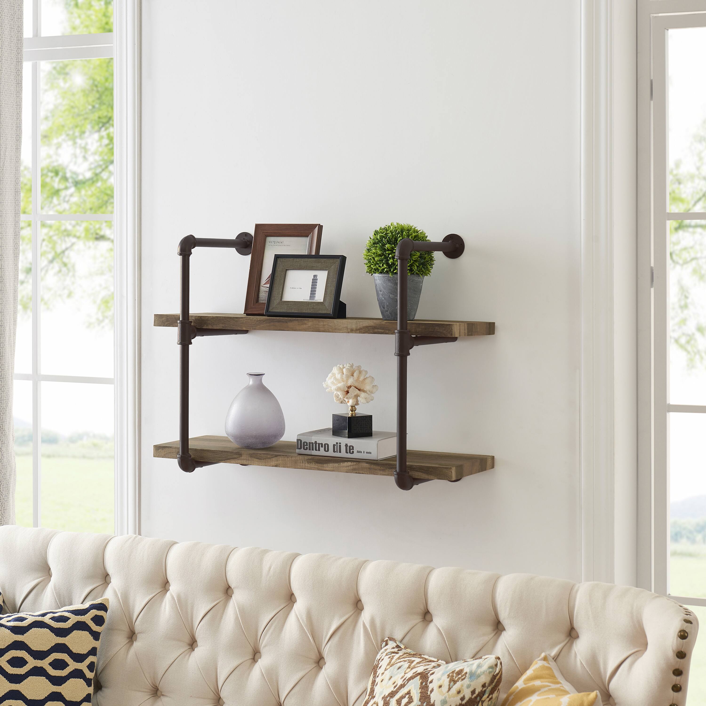 Left. Danya B - Two Tier Industrial Pipe Wall Shelf - Brown.