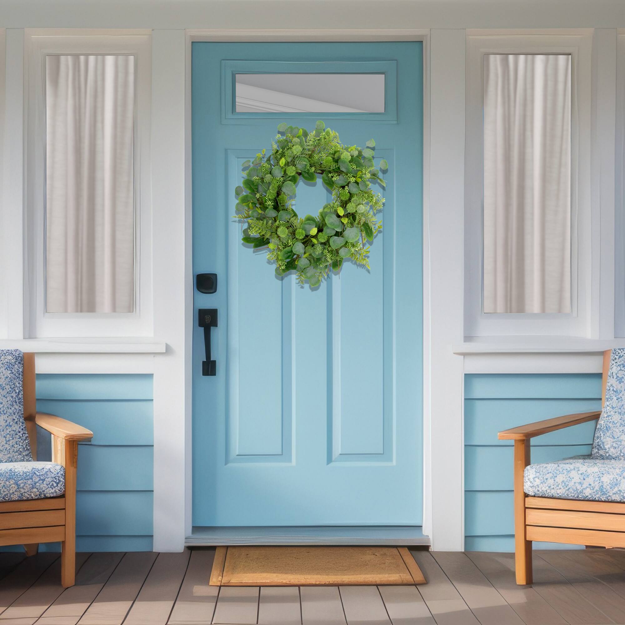 Alt View 2. Northlight - Seeded Eucalyptus with Sweet Gum Flowers Artificial Spring Wreath - 24" - Green.