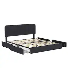 Vecelo - King Size Storage Bed Frame with 4 Drawers - Velvet Upholstered, Adjustable Headboard, 800lb Capacity, Noise Free - Black