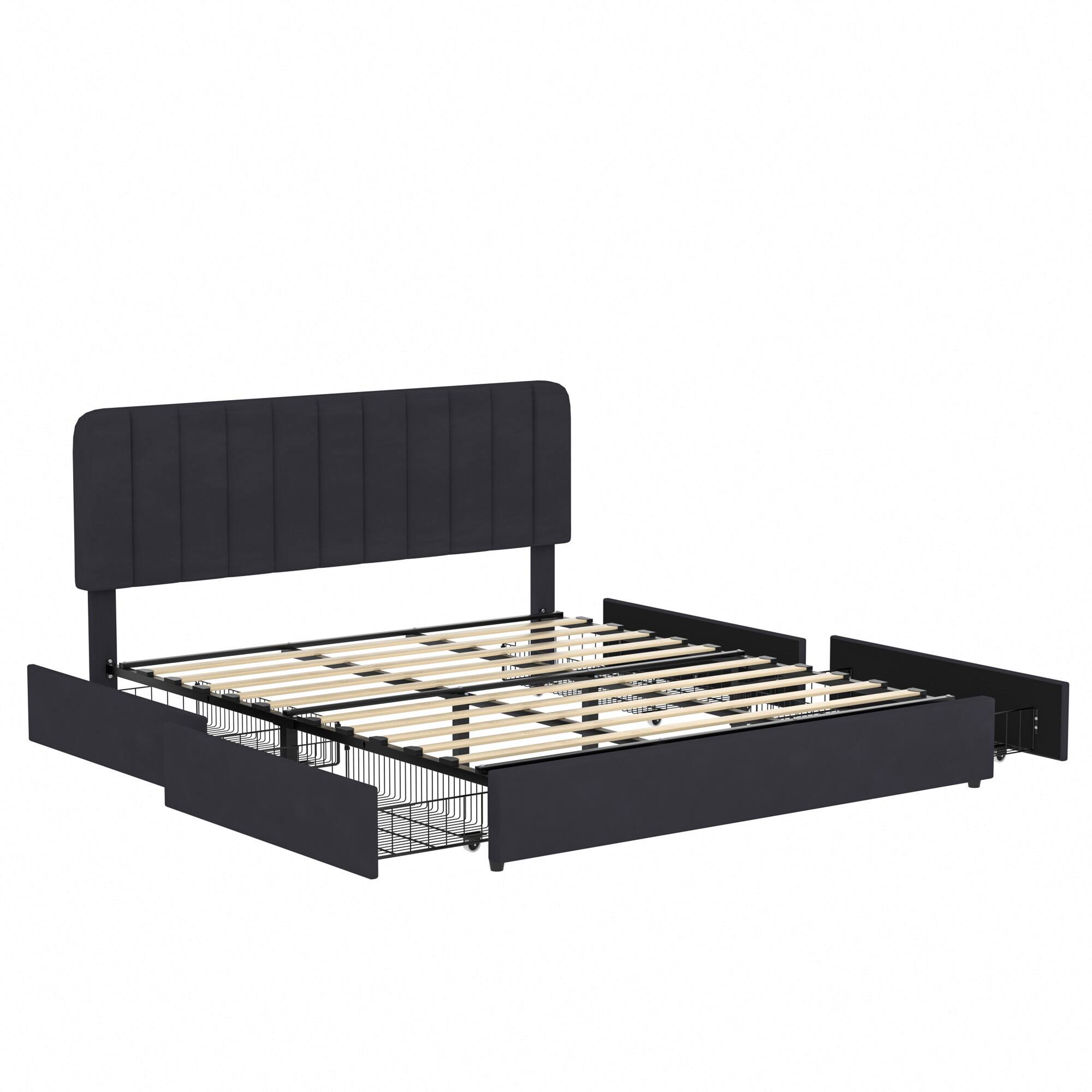 Vecelo - King Size Storage Bed Frame with 4 Drawers - Velvet Upholstered, Adjustable Headboard, 800lb Capacity, Noise Free - Black