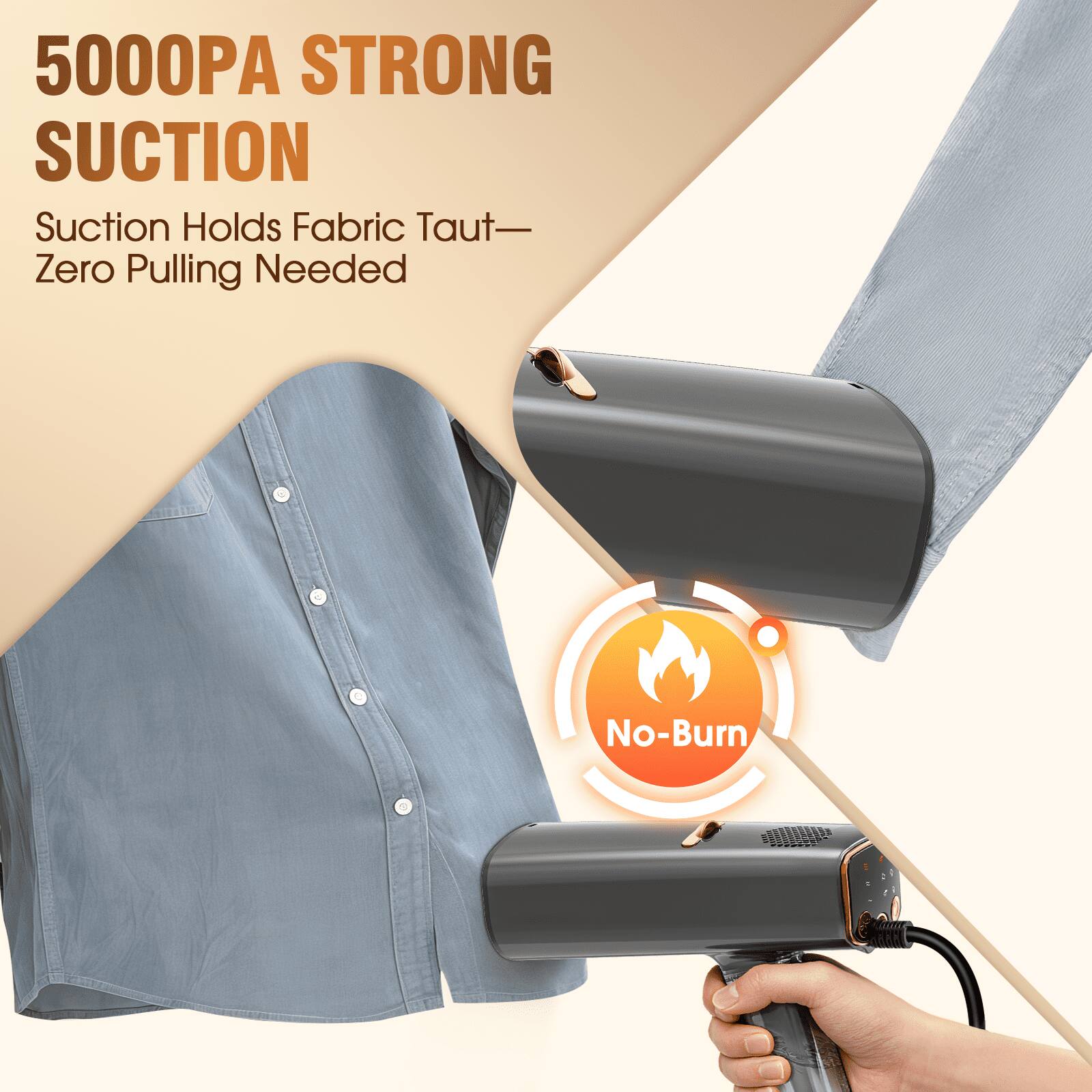 5000PA STRONG SUCTION  
Suction Holds Fabric Taut—Zero Pulling Needed  
No-Burn
