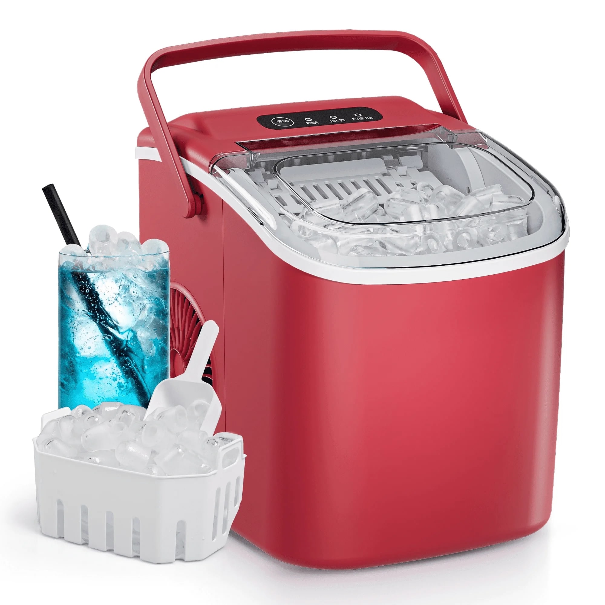 Front. SIMZLIFE - 26 lbs/24H Countertop Ice Maker - One-Button Operation, 9 Bullet-Shaped Ice in 6 Min, Auto-Cleaning - Red.