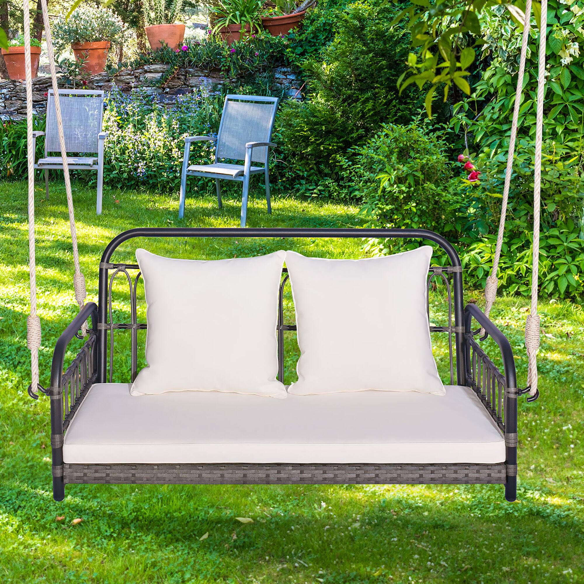 Alt View 4. Gymax - Gymax Outdoor Wicker Porch Swing 2-Person Hanging Seat w/ Seat & Back Cushions Backyard - Mix Gray, White.