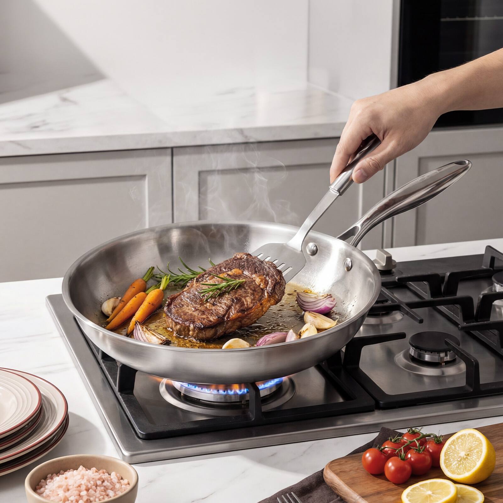 Angle. Sugift - 9.5" and 11" Tri-Ply Stainless Steel Nonstick Open Fry Pan with Premium Magnetic Stainless Exterior, Aluminum Core - Silver.