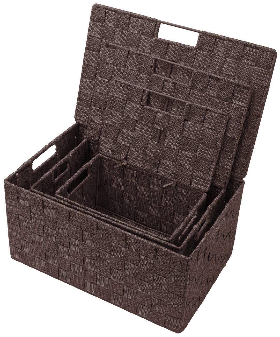 Back. Sorbus - Sorbus Set of 3 Storage Baskets for Organizing with Lid, Mesh, Linen, Organizer Storage Baskets for Home or Office - Brown.