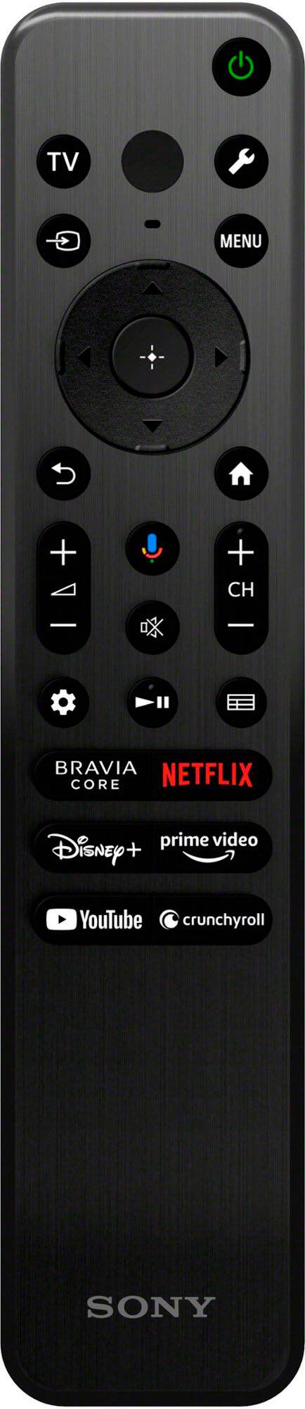 The text on the image reads: "TV G MENU + + CH BRAVIA NETFLIX CORE prime video Disney+ + YouTube crunchyroll SONY."