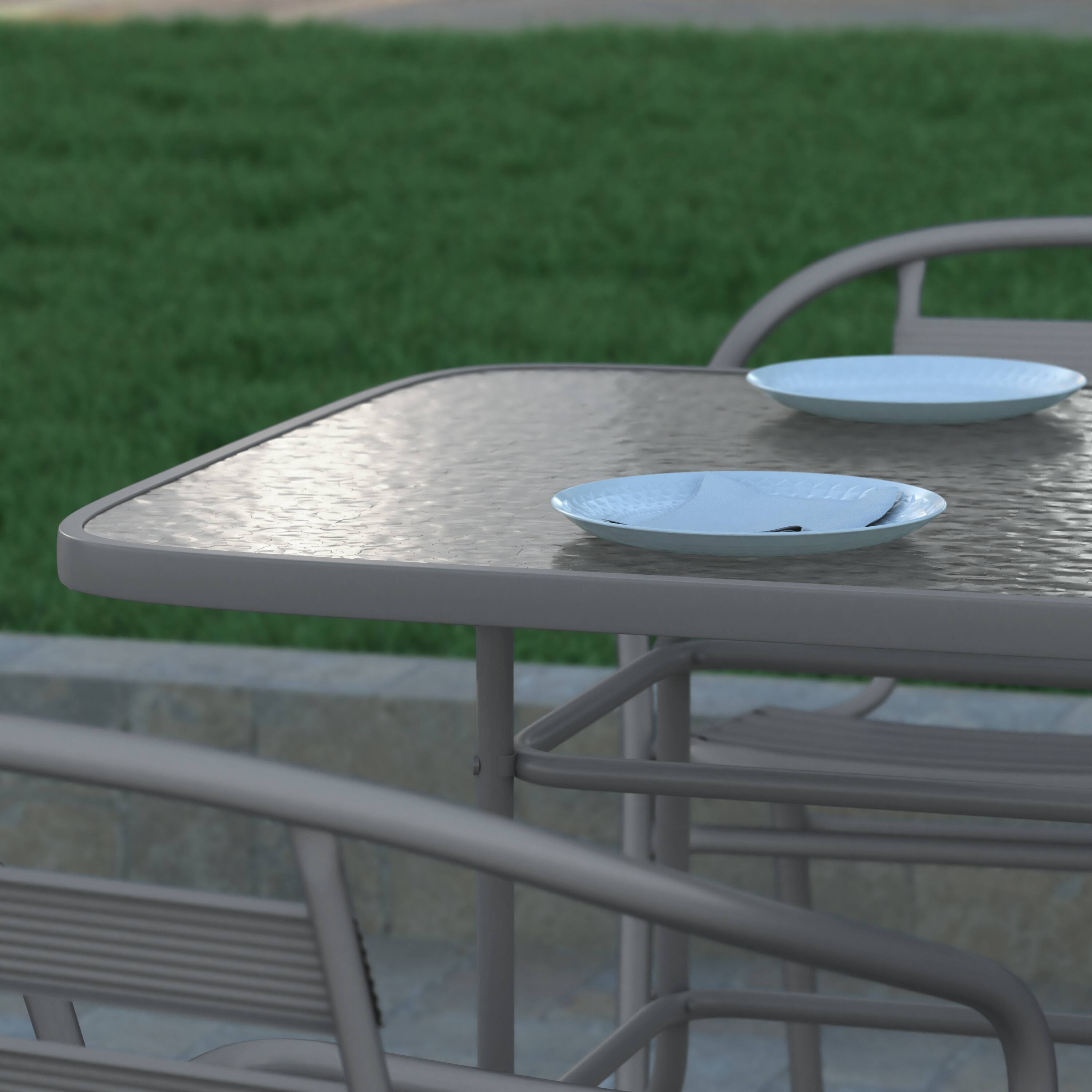 Alt View 4. Emma + Oliver - 31.5" x 55" Rectangular Tempered Glass Metal Table with Umbrella Hole - Clear Top/Silver Frame.