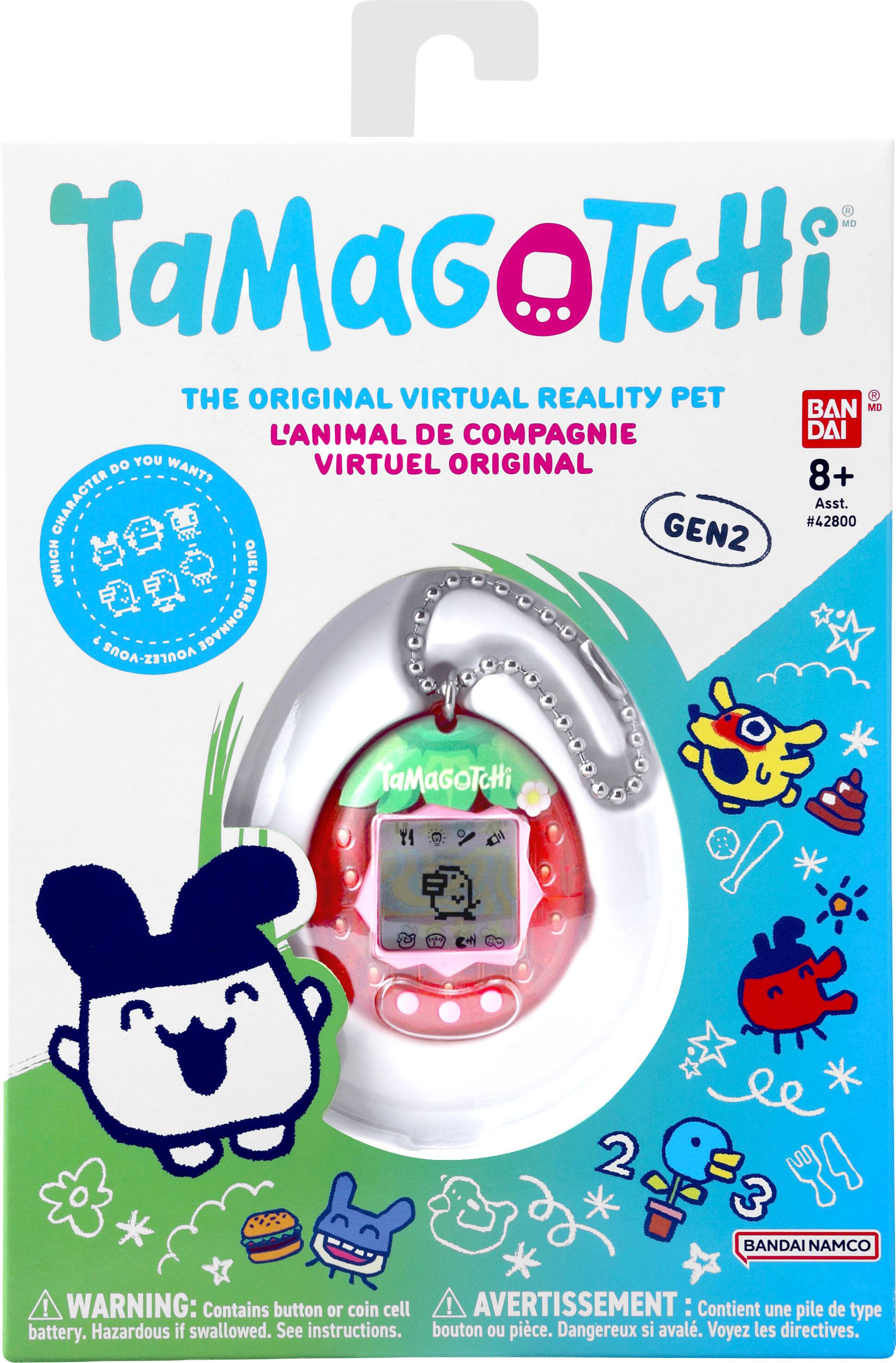 TaMaGoTcHi  
THE ORIGINAL VIRTUAL REALITY PET  
L'ANIMAL DE COMPAGNIE VIRTUEL ORIGINAL  

Which character do you want?  
QUEL PERSONNAGE VOULEZ-VOUS?  

GEN2  
#42800  

8+  
Asst.  

WARNING: Contains button or coin cell battery. Hazardous if swallowed. See instructions.  
AVERTISSEMENT : Contient une pile de type bouton ou pièce. Dangereux si avalé. Voyez les directives.  

BANDAI NAMCO