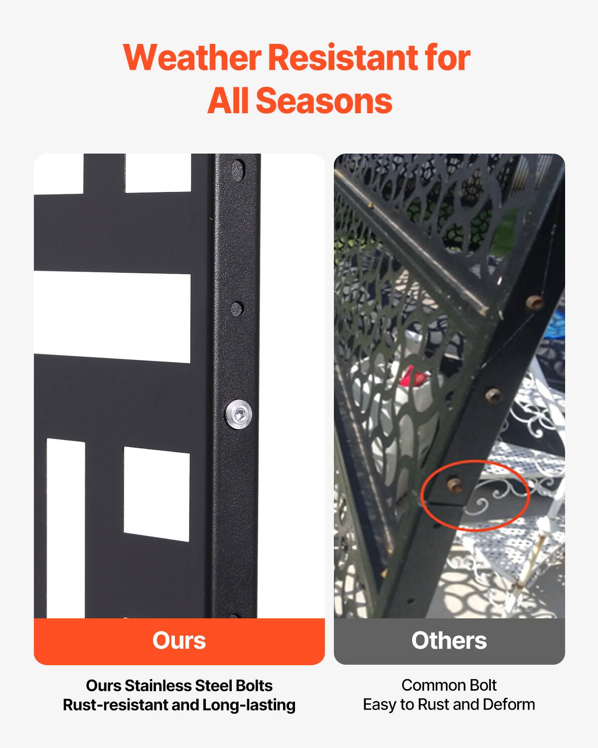 Weather Resistant for All Seasons

Ours
Ours Stainless Steel Bolts
Rust-resistant and Long-lasting

Others
Common Bolt
Easy to Rust and Deform