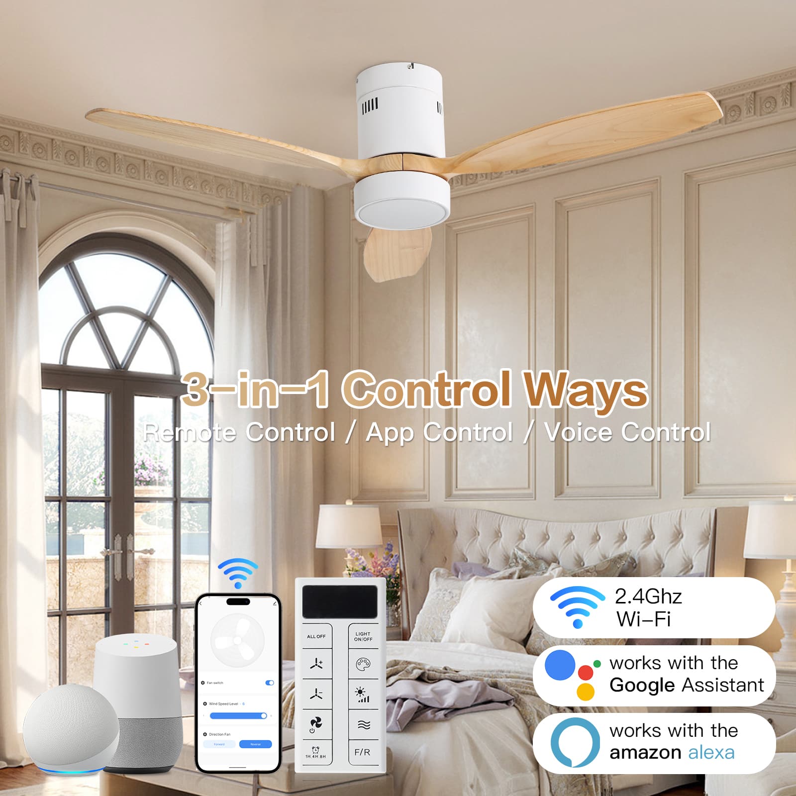 Sofucor - 52'' Wood Low Profile Ceiling Fan with Integrated LED Light and Remote & APP Control Quiet Smart Ceiling Fan for Bedroom - White Burley Wood