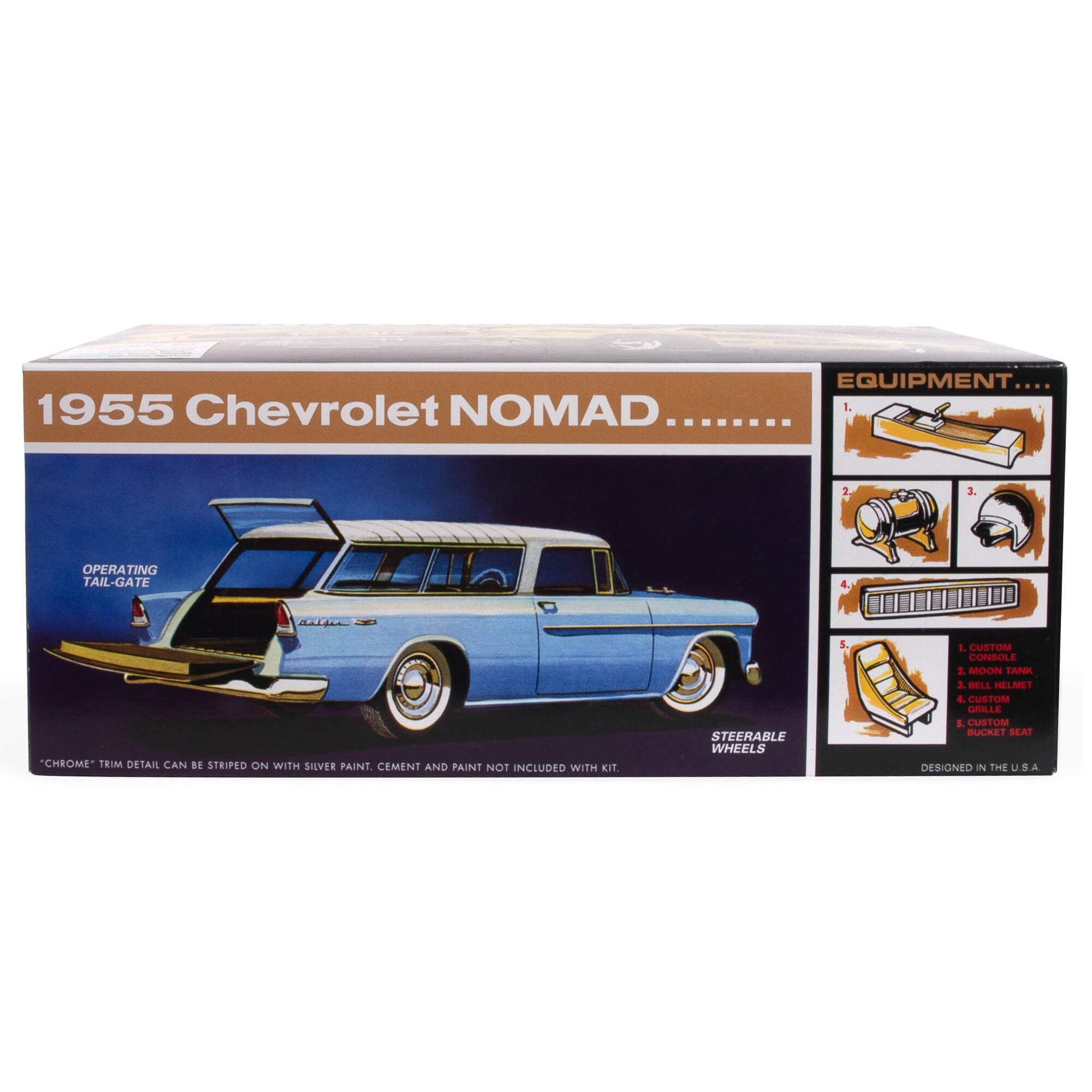 EQUIPMENT... 1955 Chevrolet Nomad... OPERATING TAIL-GATE "CHROME" TRIM DETAIL CAN BE STRIPED ON WITH SILVER PAINT CEMENT AND PAINT NOT INCLUDED WITH KIT STEERABLE WHEELS 5. L CUSTOM CONSOLE 2. MOON TANK a BELL MIRROR 4. CUSTOM GRILLE T CUSTOM BUMPER SEAT DESIGNED IN THE U.S.A.
