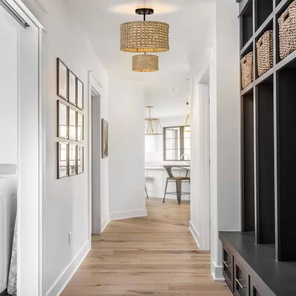 Left. Hivvago - Bohemian 13.6-inch Round Rattan Drum 2-Light Ceiling Light - Semi-Flush Mount - Brown.