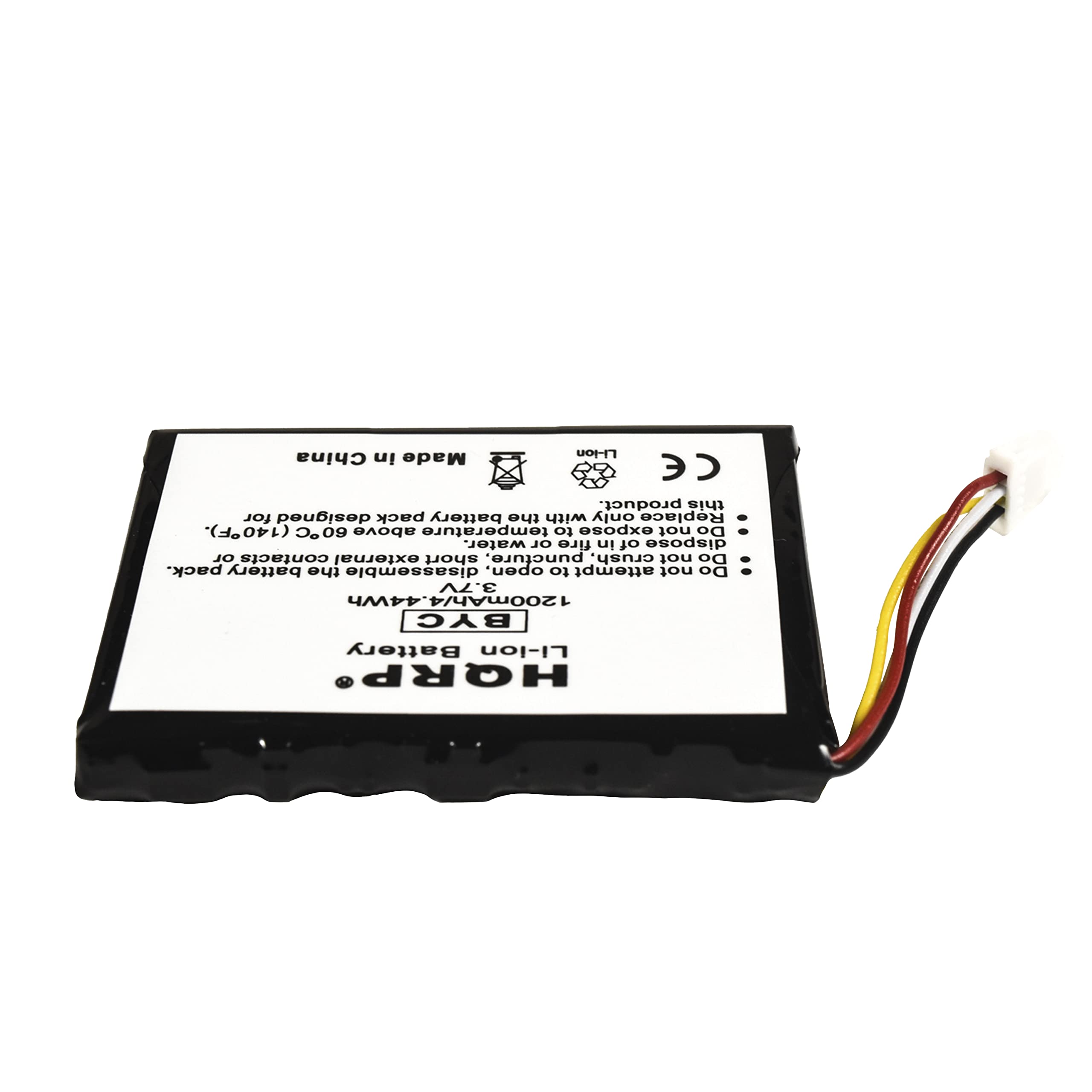 In Li-ion China Made CE product. This is designed for a battery pack with only Replace (140F). Do not expose to temperatures above 0°C. Do not dispose of in fire. Do not puncture, crush, or short external contacts. Do not attempt to disassemble or open the battery pack. 3.7V 1200mAh/4.44Wh BYC Battery Li-ion HQRP