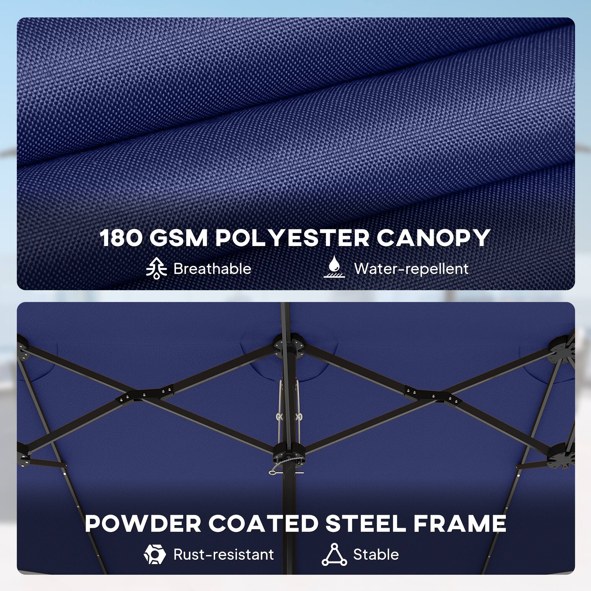 180 GSM POLYESTER CANOPY  
- Breathable  
- Water-repellent  

POWDER COATED STEEL FRAME  
- Rust-resistant  
- Stable