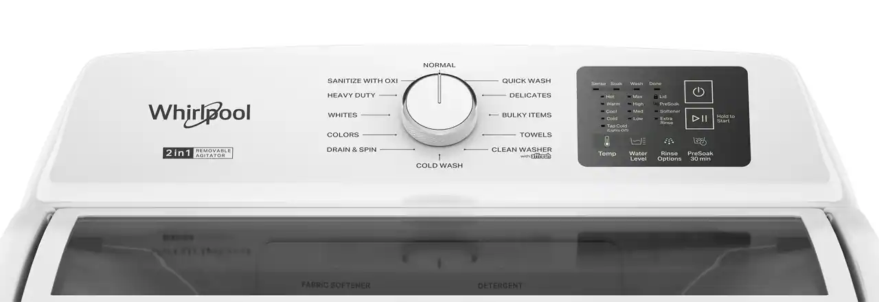 **Whirlpool**

**2in1 Removable Agitator**

**Normal**
- Sanitize with Oxi
- Heavy Duty
- Whites
- Colors
- Cold Wash
- Drain & Spin

**Quick Wash**
- Delicates
- Bulky Items
- Towels
- Clean Washer with Affresh

**Sensor**
- Soak
- Wash
- Done

**Temp**
- Hot
- Warm
- Cold
- Tap Cold

**Water Level**
- Max
- Medium
- Low
- Extra

**Rinse**
- Rinse Option
- PreSoak 30 min

**Fabric Softener**
- Softener
- Hold to Cancel

**Detergent**

**Power Button**

**Additional Options**
- Hold to Cancel
- Pause/Resume

**FABRIC SOFTENER**
**DETERGENT**