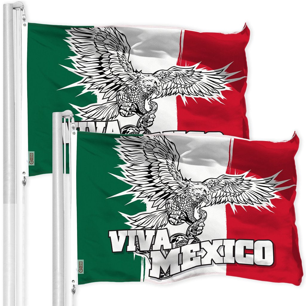 G128 - 2-Pack Mexico "Viva Mexico" Flag 3x5 ft, 150D Polyester, Brass Grommets, Double-Needle Stitching - Assorted Colors