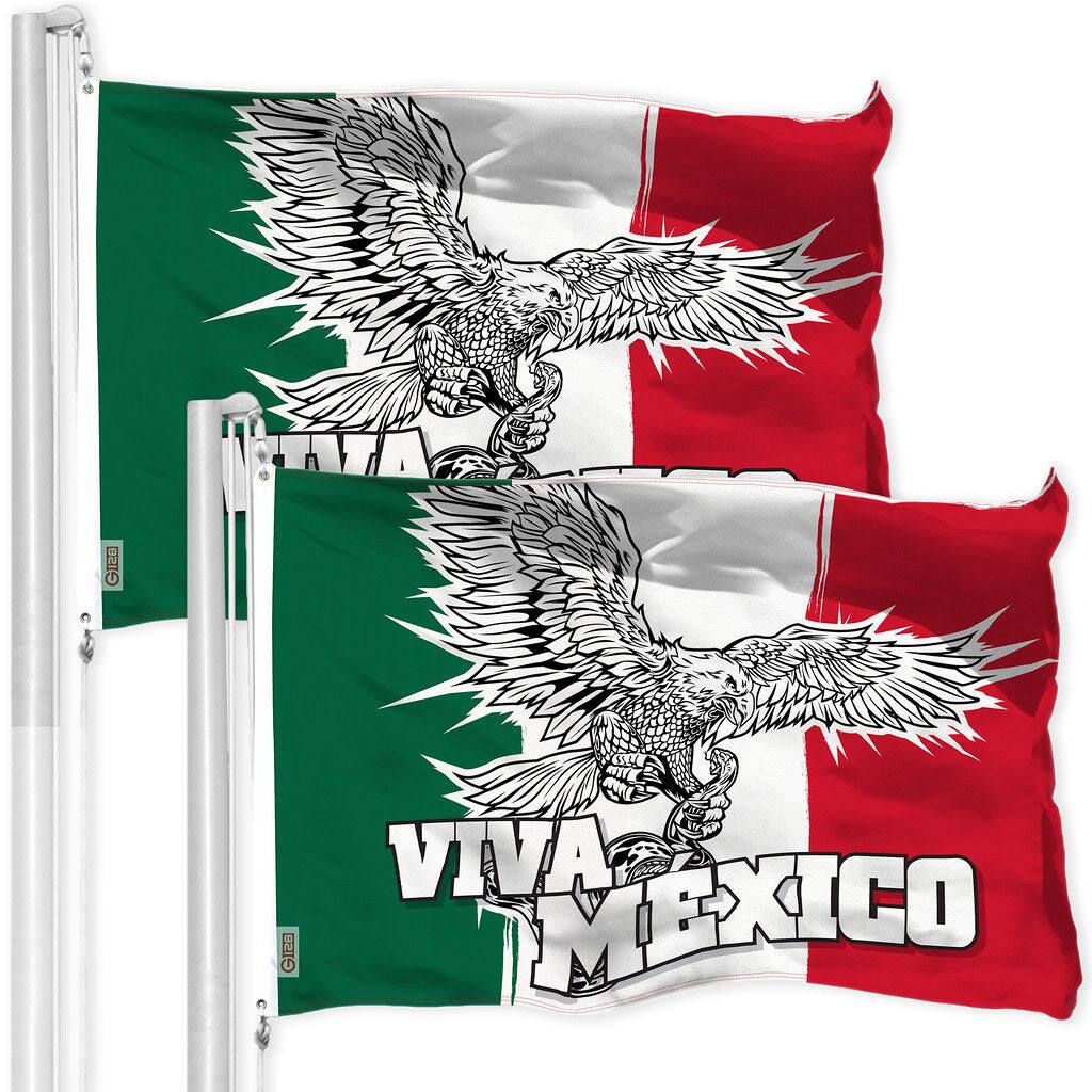 G128 - 2-Pack Mexico "Viva Mexico" Flag 3x5 ft, 150D Polyester, Brass Grommets, Double-Needle Stitching - Assorted Colors